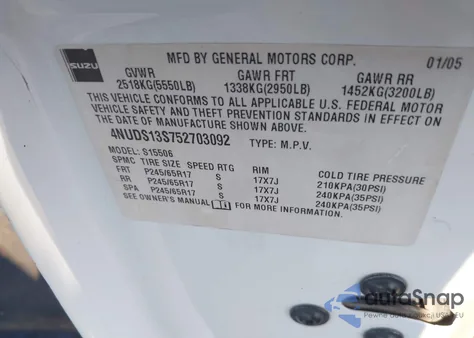 2005 Isuzu Ascender S из США, поврежденный, VIN 4NUDS13S752703092